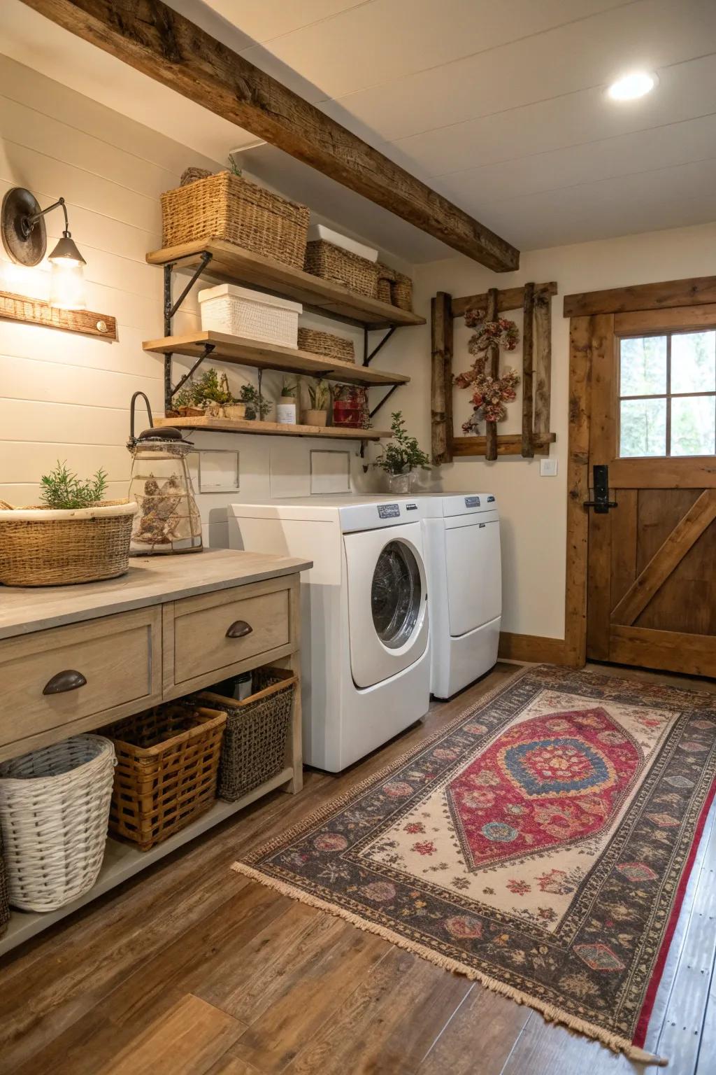 A cozy rug adds warmth and texture to this welcoming laundry space.