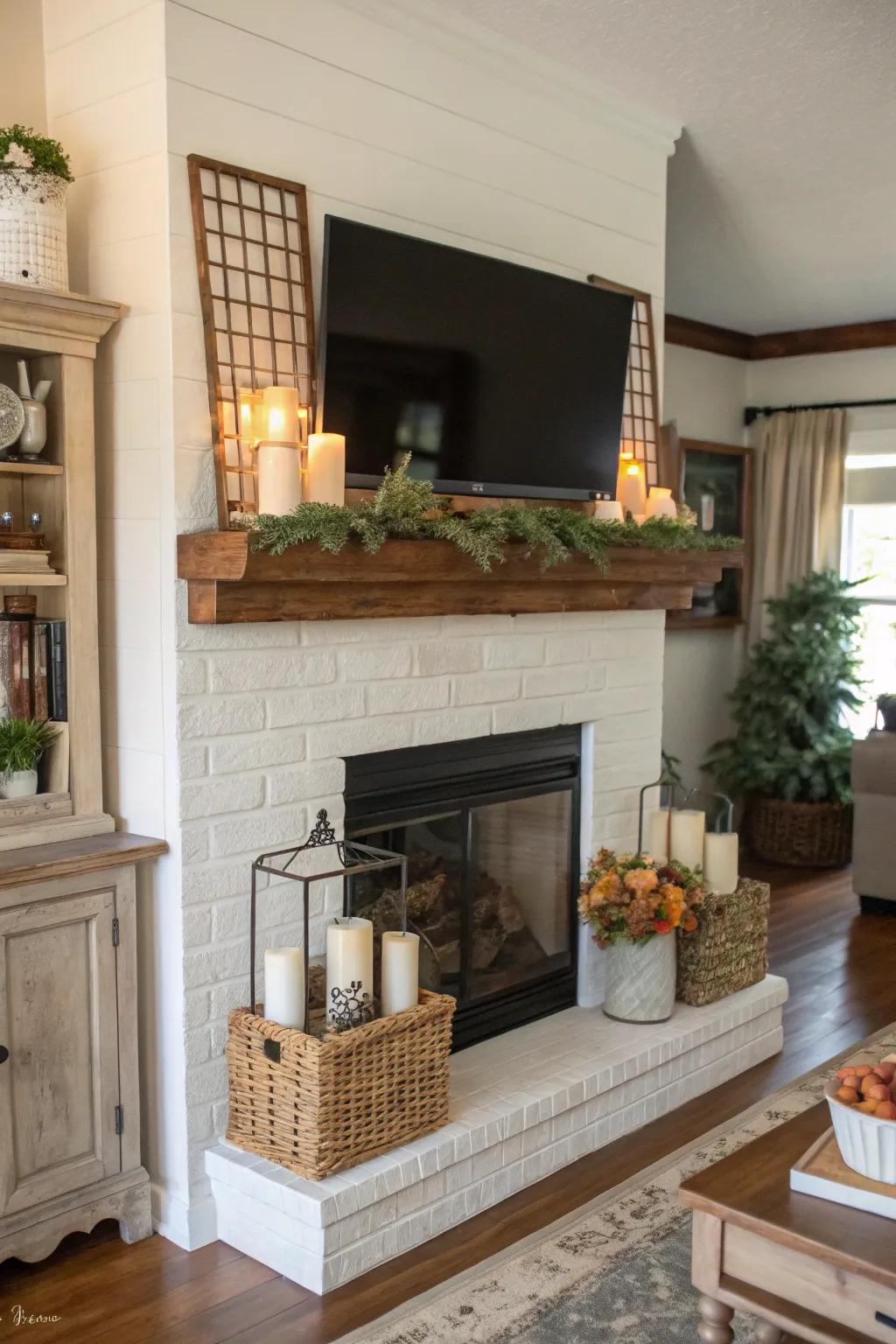 A farmhouse mantel with a TV above, creatively styled with an asymmetrical decor layout.