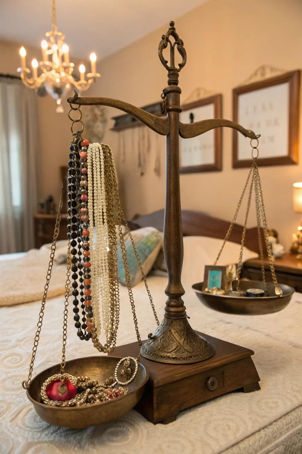 A chic jewelry display using a vintage scale.