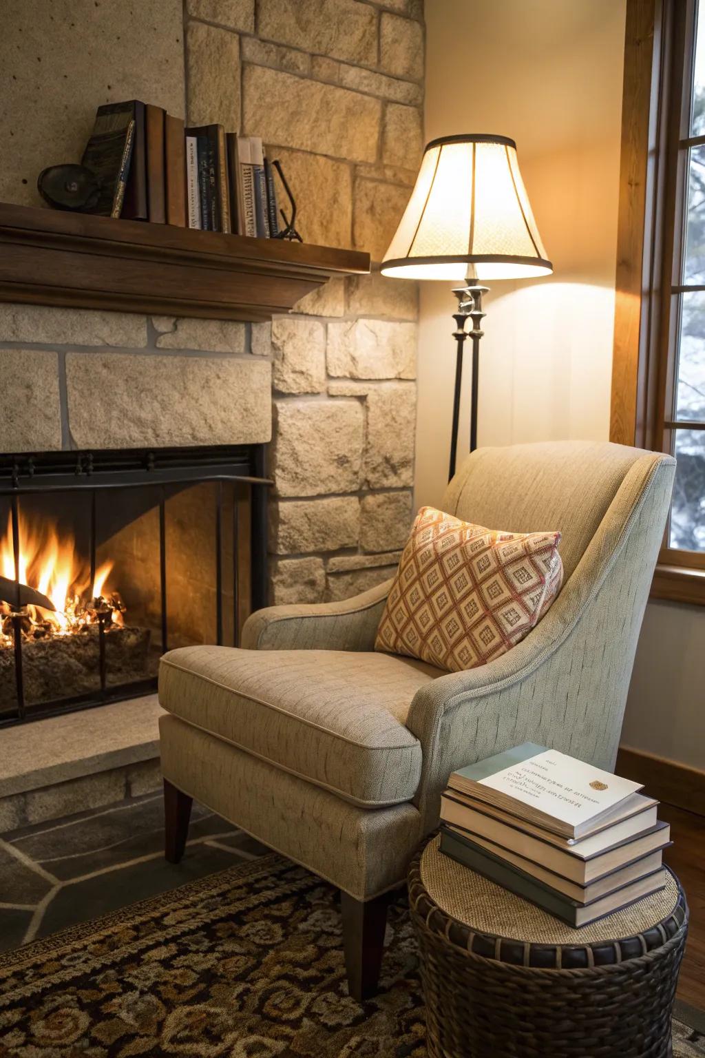 An inviting reading area next to a fireplace, designed for curling up alongside a good book.