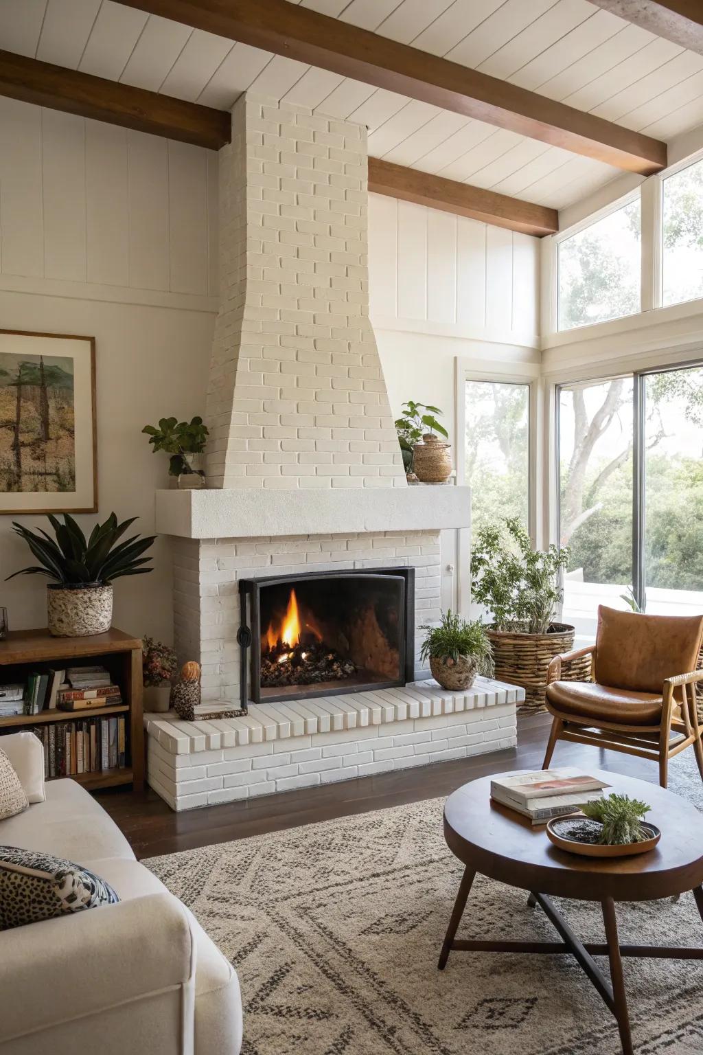 A sleek, mid-century modern living space featuring a minimalist central fireplace.