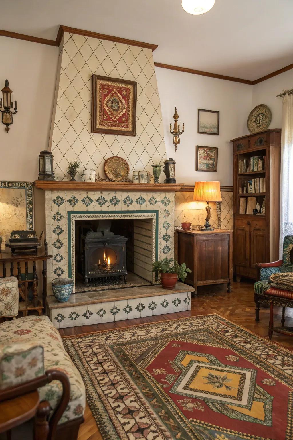 Retro tiles bring nostalgic charm to this fireplace design.