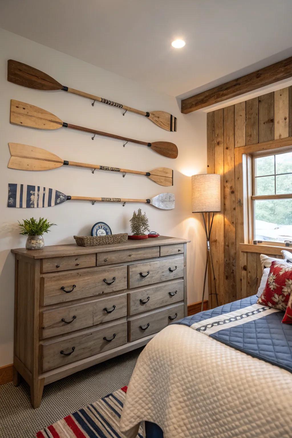Oars arranged on the wall create a striking nautical feature.