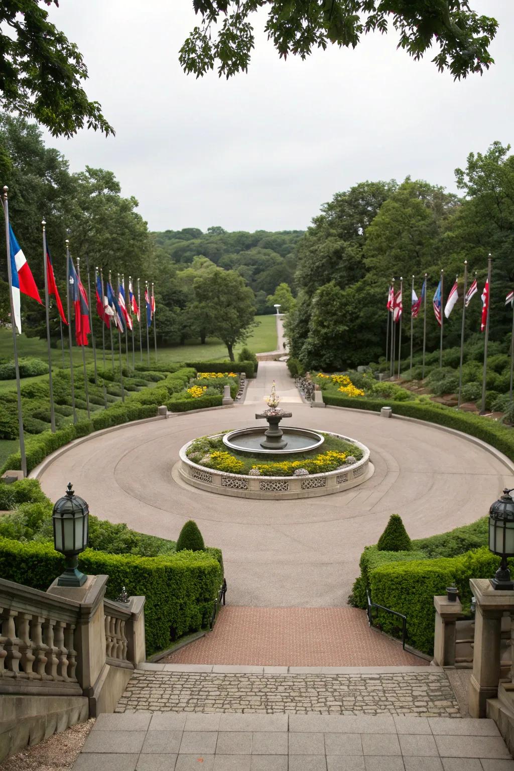 A chic roundabout driveway featuring a central garden enhances the rear lot access.