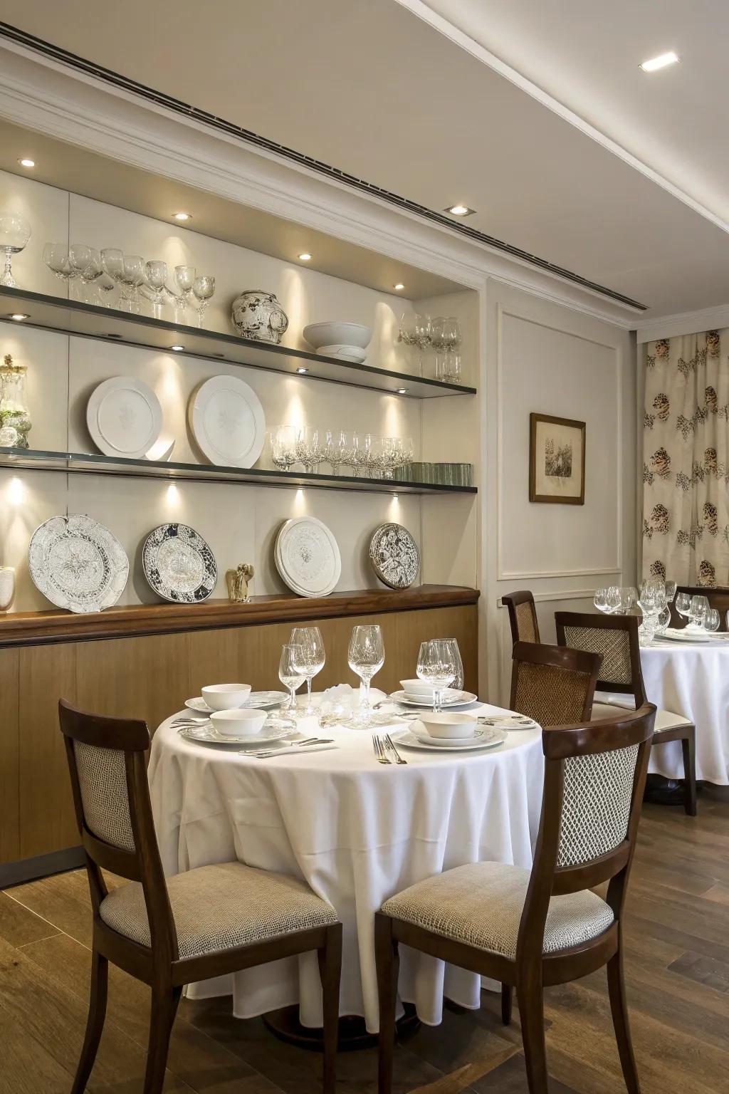 Floating shelves adding elegance to the dining room.