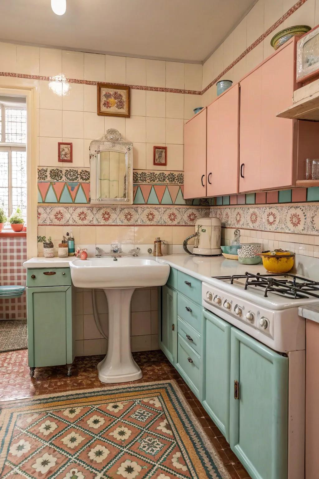 A retro-inspired kitchen with bold fixtures complementing a free standing sink.