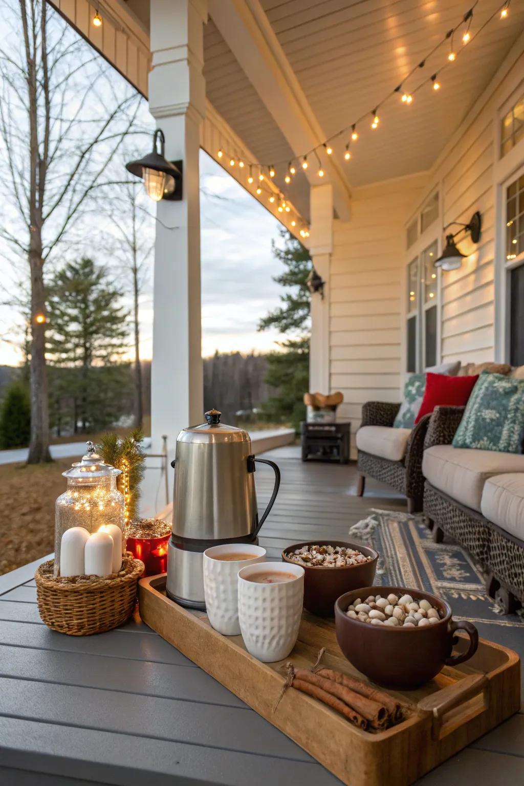 A hot cocoa station adds warmth and hospitality to your porch.