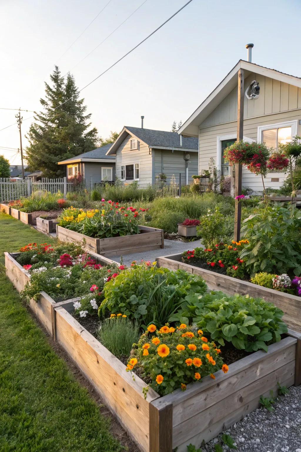 Neatly organized raised beds adding structure to a corner.