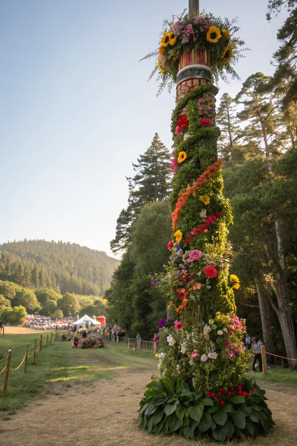 Nature-themed totems bring a touch of the outdoors to the festival scene.