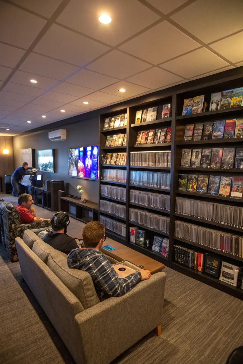 A gaming library wall showcasing a neatly organized game collection.