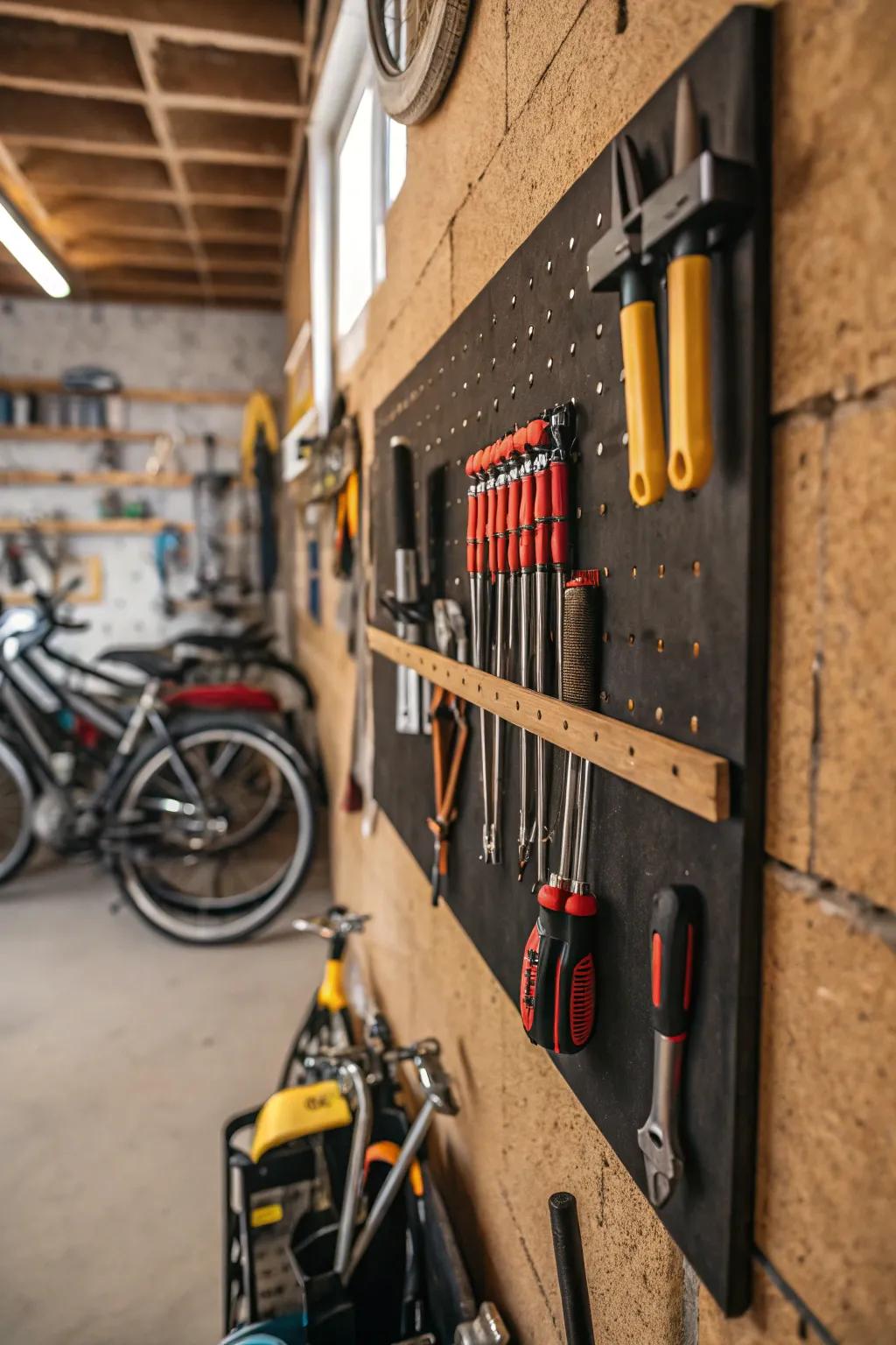 Magnetic strips keep tools organized and within easy reach.