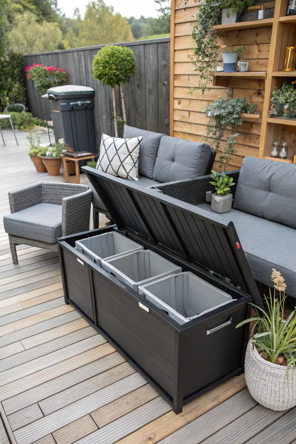 Outdoor furniture with storage offers a dual-purpose solution for hiding trash cans.