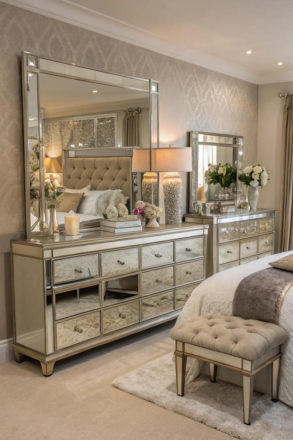 Mirrored furniture adds elegance and reflects light beautifully.