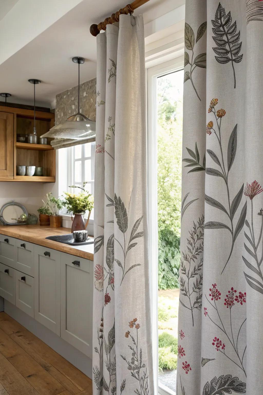 Nature-inspired imprints on gray window coverings for a tranquil culinary space atmosphere.