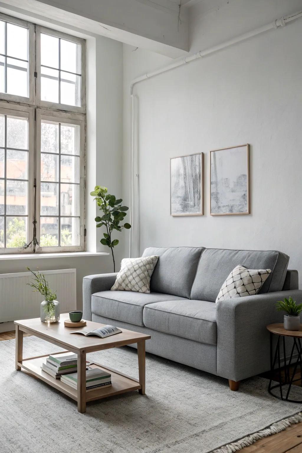 Minimalist decor enhances the elegance of a grey couch.