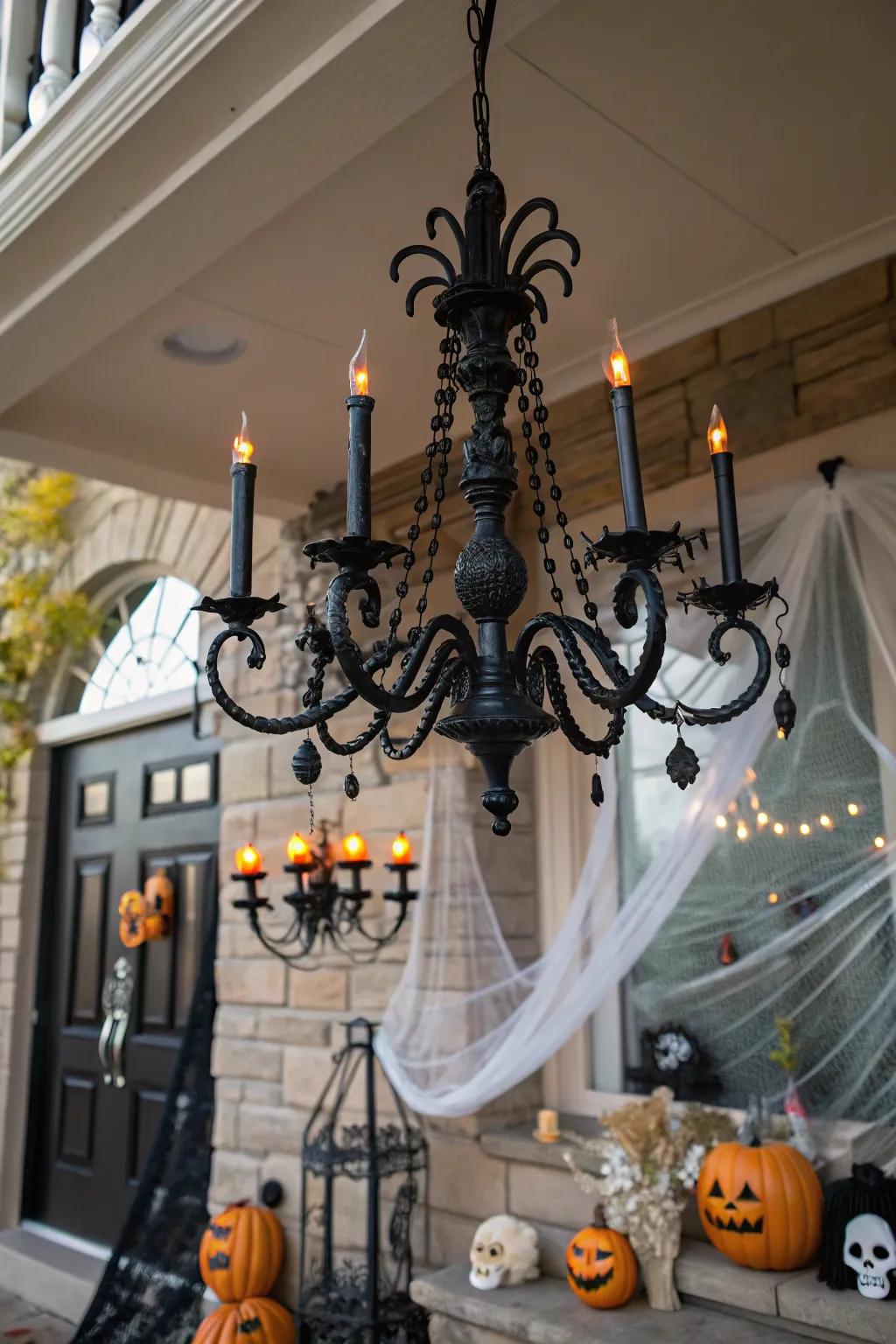 A black chandelier sets a haunting tone for Halloween.