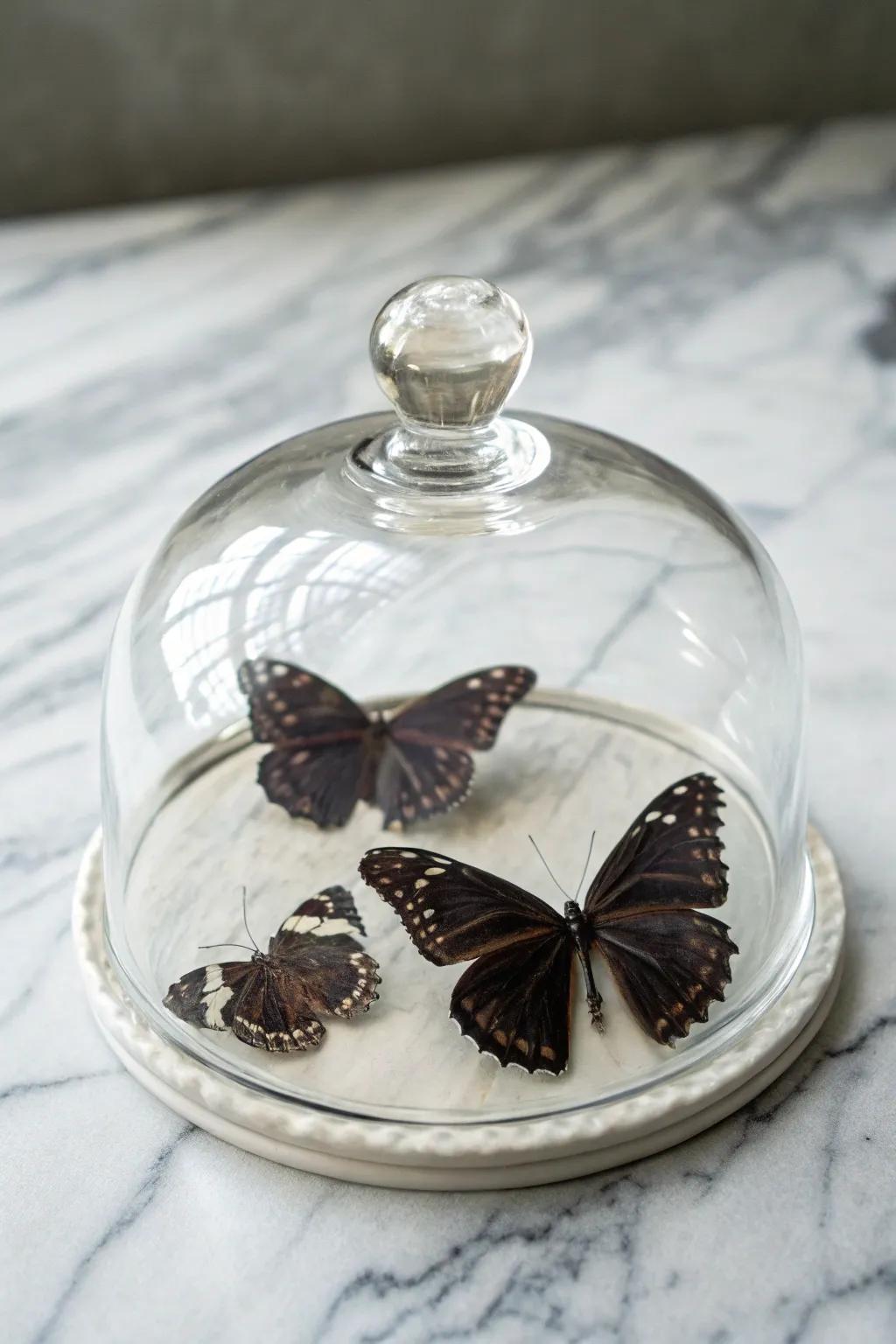 An elegant display of butterflies inside a cloche.