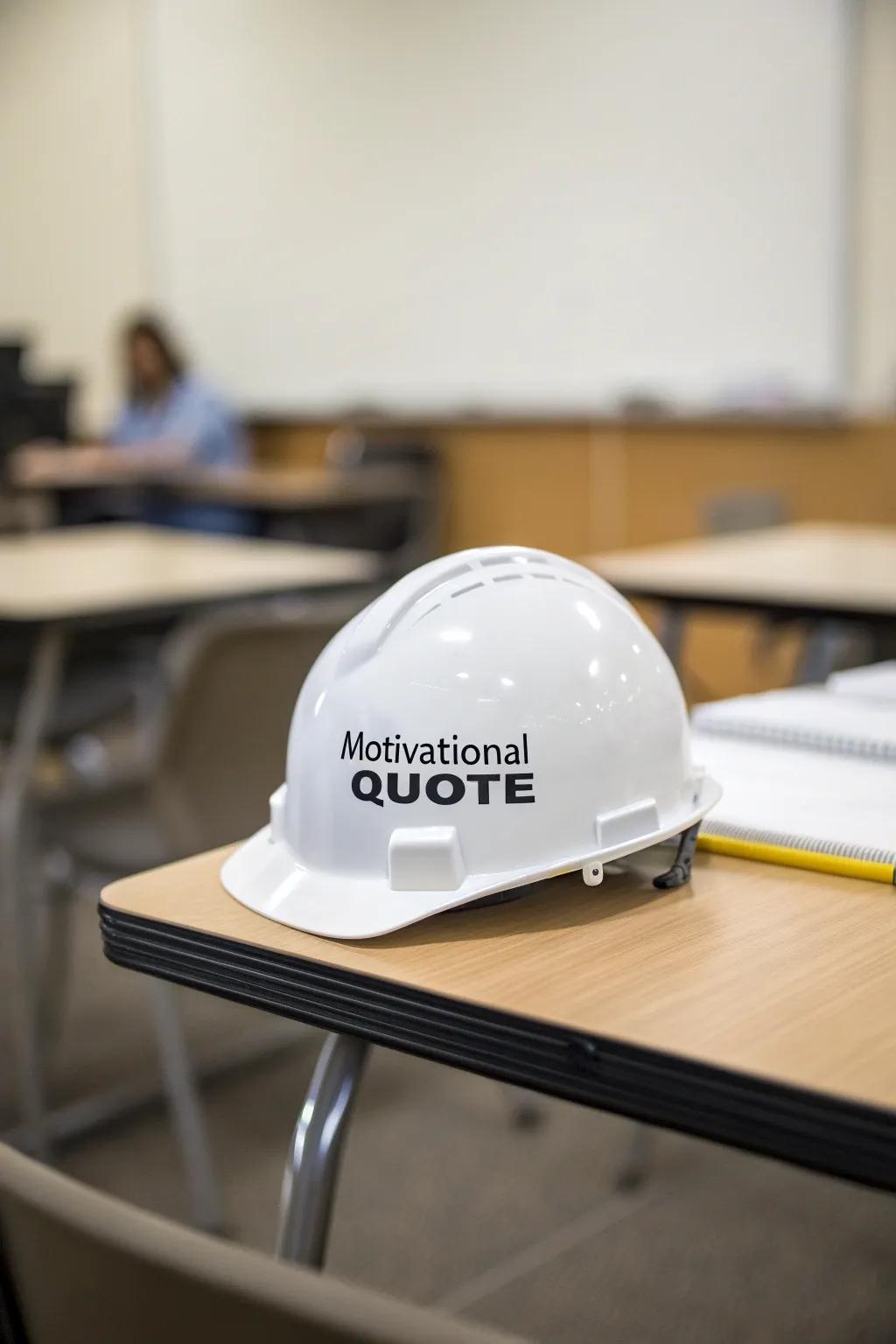 A safety helmet customized with a motivating message.
