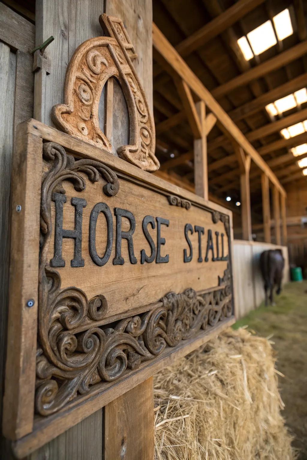 Intricate carved wood details on a stall sign.