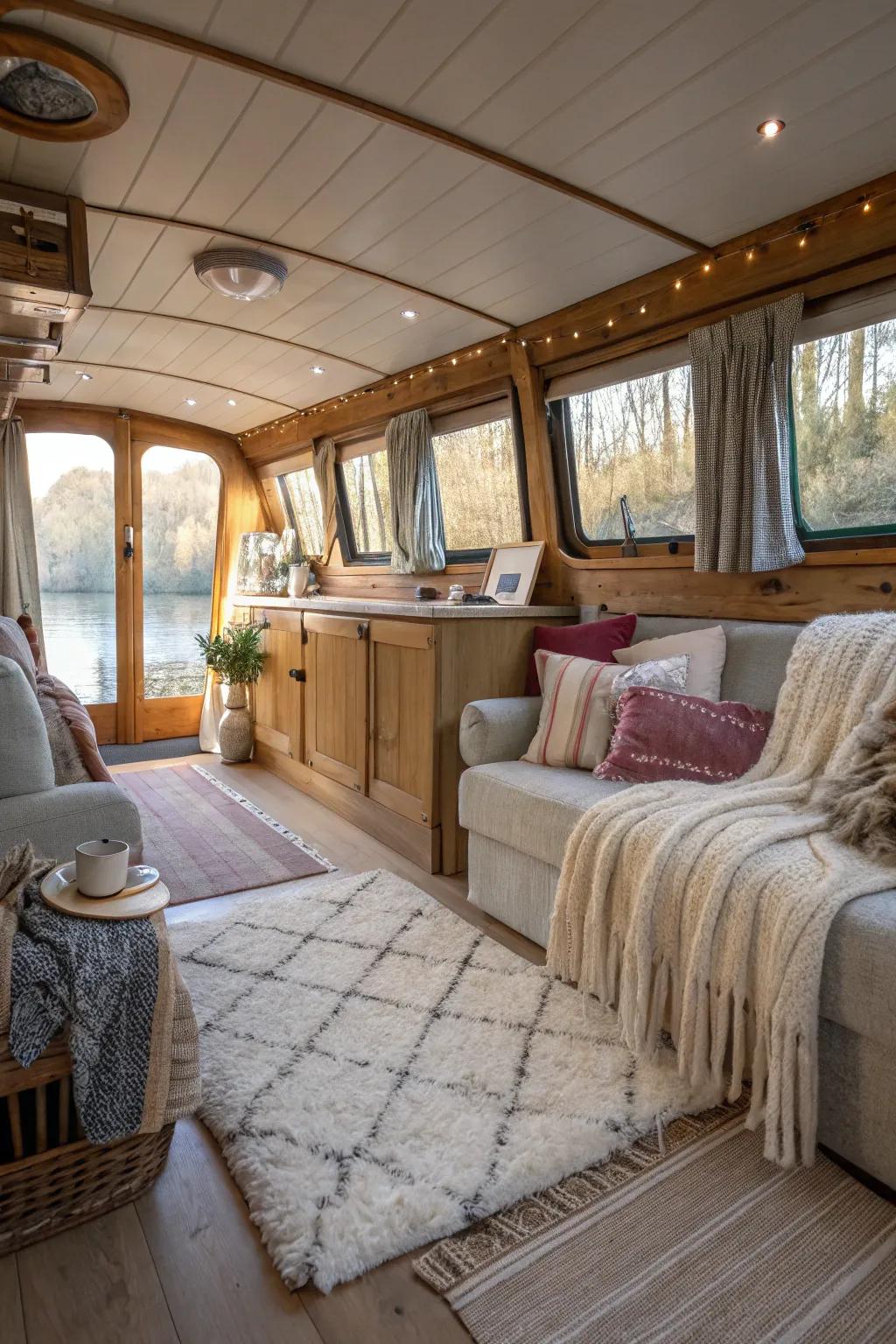 Textiles add warmth and comfort to this houseboat's decor.