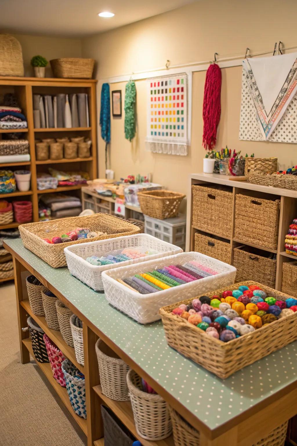 Baskets are crucial for coordinating crafting supplies.