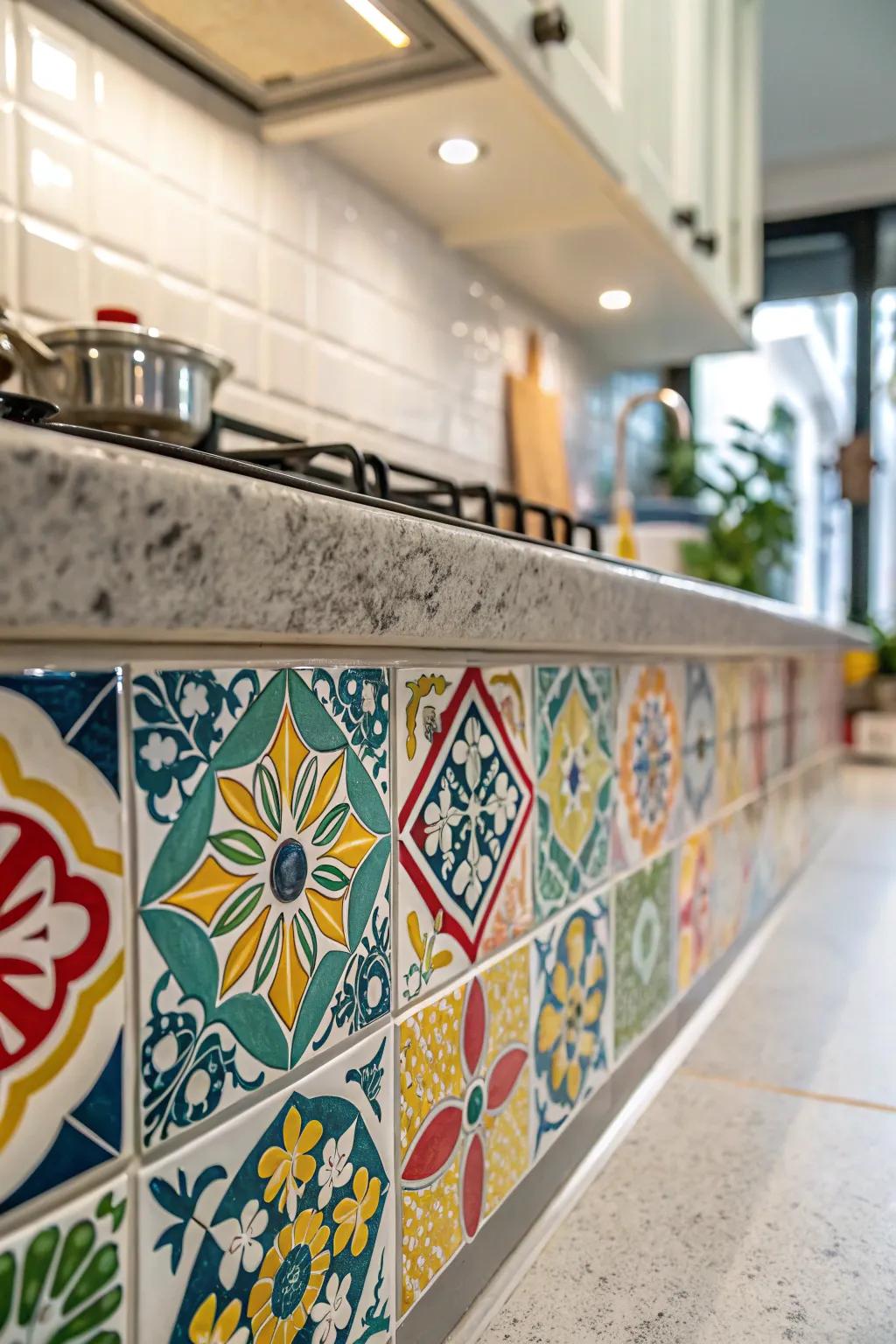 Patterned tiles add color and visual interest to surfaces.