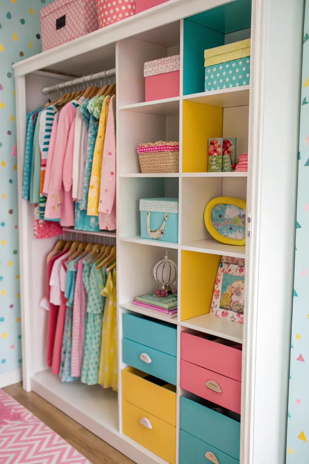 A vibrant color palette infuses energy and mirth into a closet.