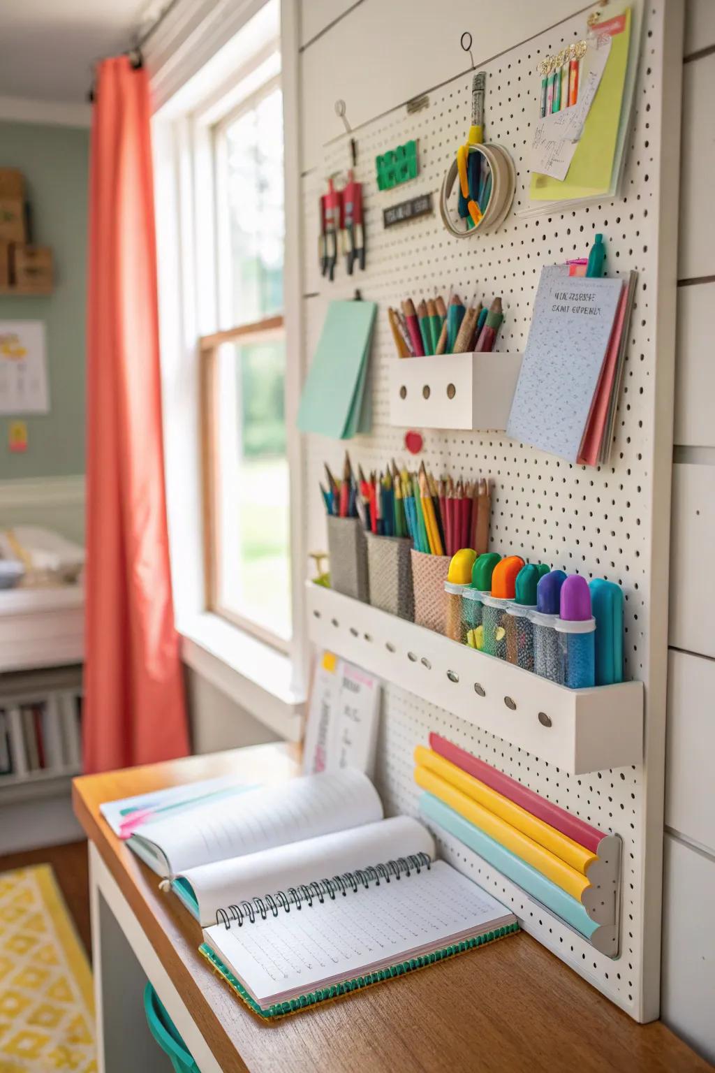 A pegboard that can be arranged to create a tidy workspace.