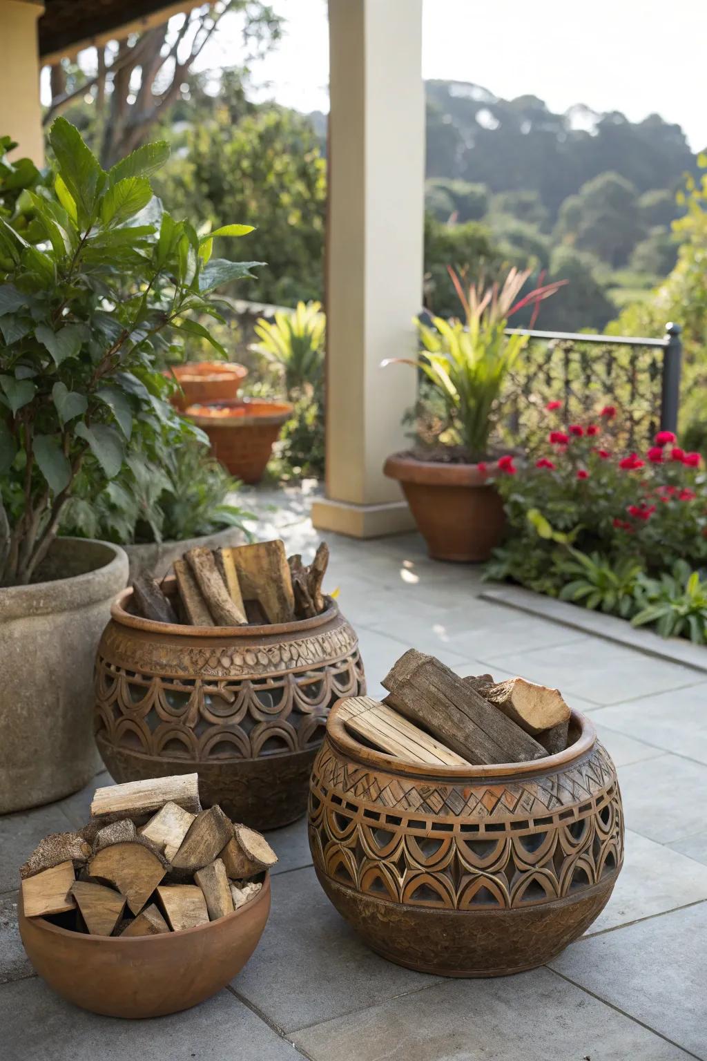 Ceramic pots add an artistic and stylish twist to kindling storage.