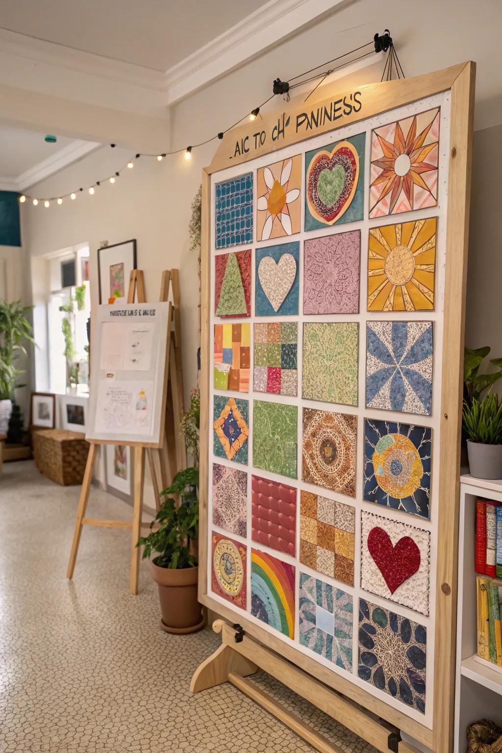 A creative home studio kindness mosaic board with colorful, symbolic pieces.