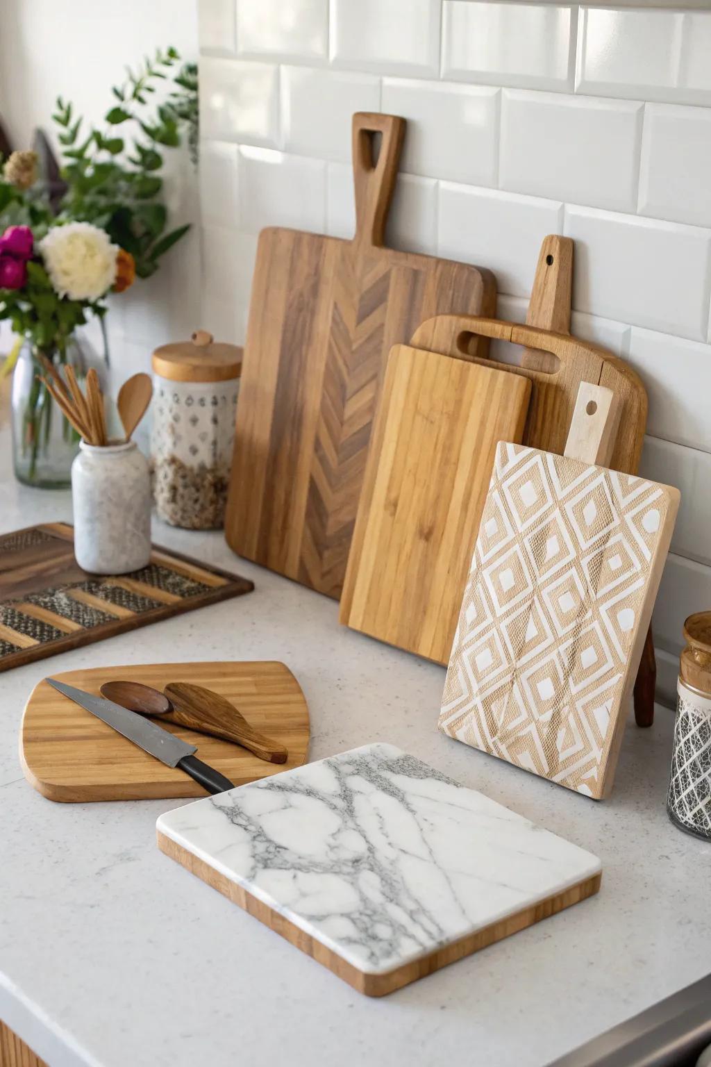 An eclectic mix of cutting boards brings dynamic variety to the kitchen.