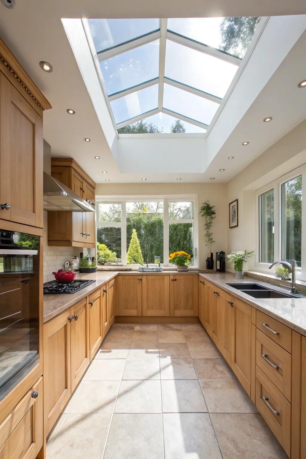 Daylight from skylights enhances mood in the kitchen.