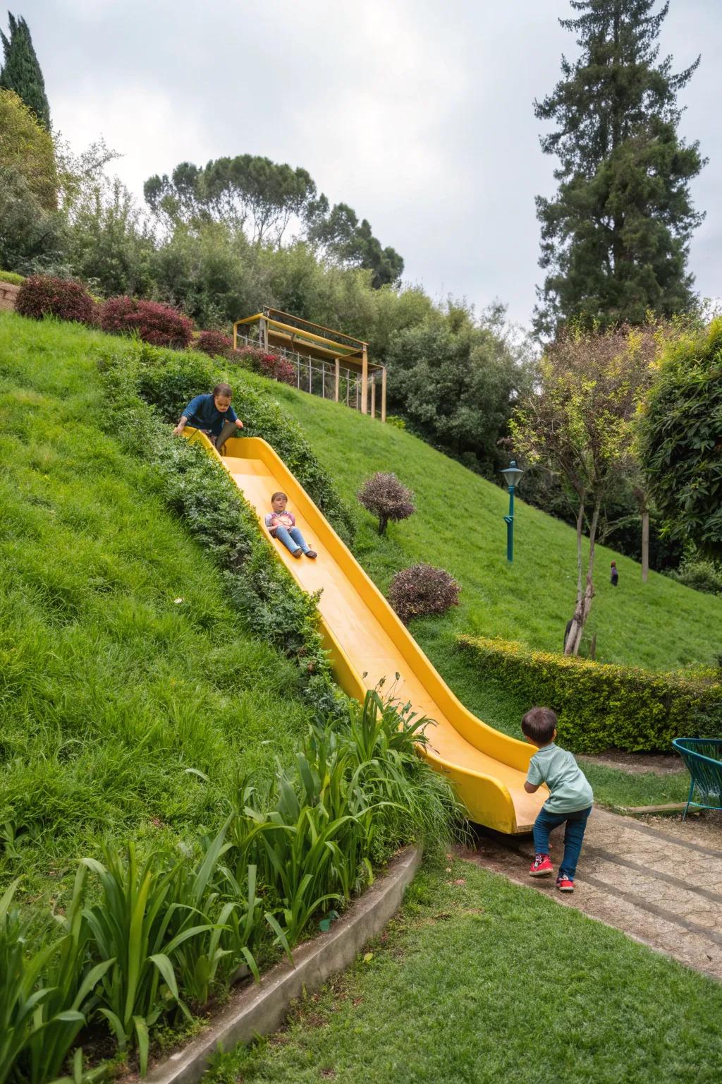 Slides append a merry and sensible element to family-friendly gardens on an incline.
