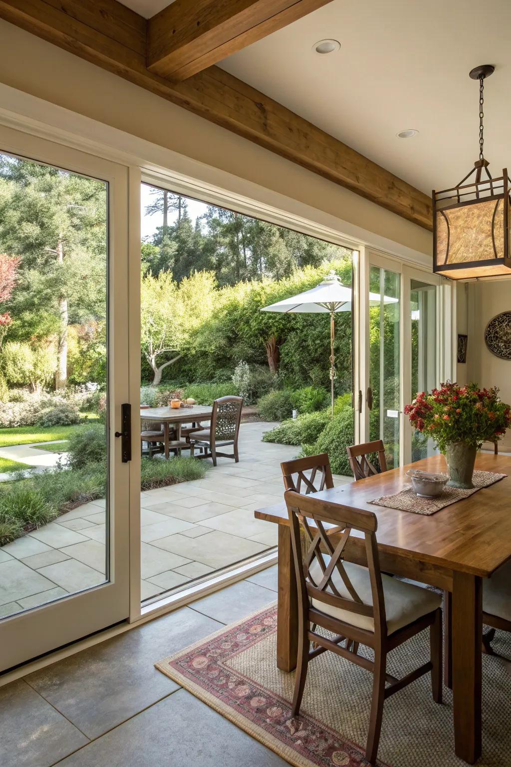 Sliding doors that create a seamless transition to the outdoors.