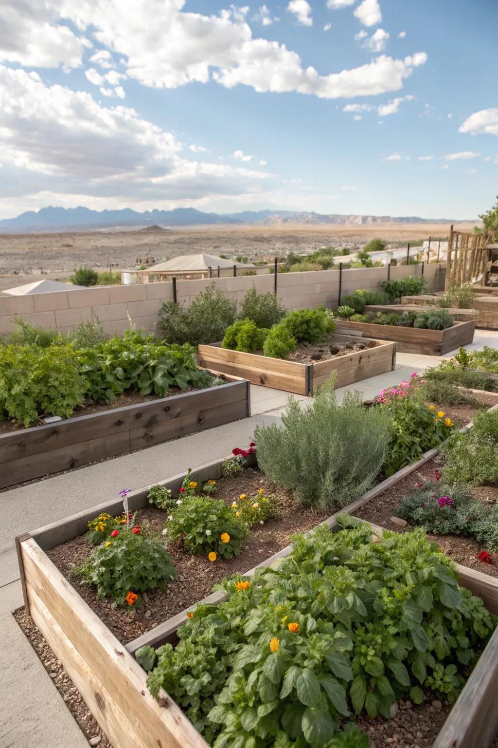 Raised planting beds with herbs and flowers in a Las Vegas backyard.