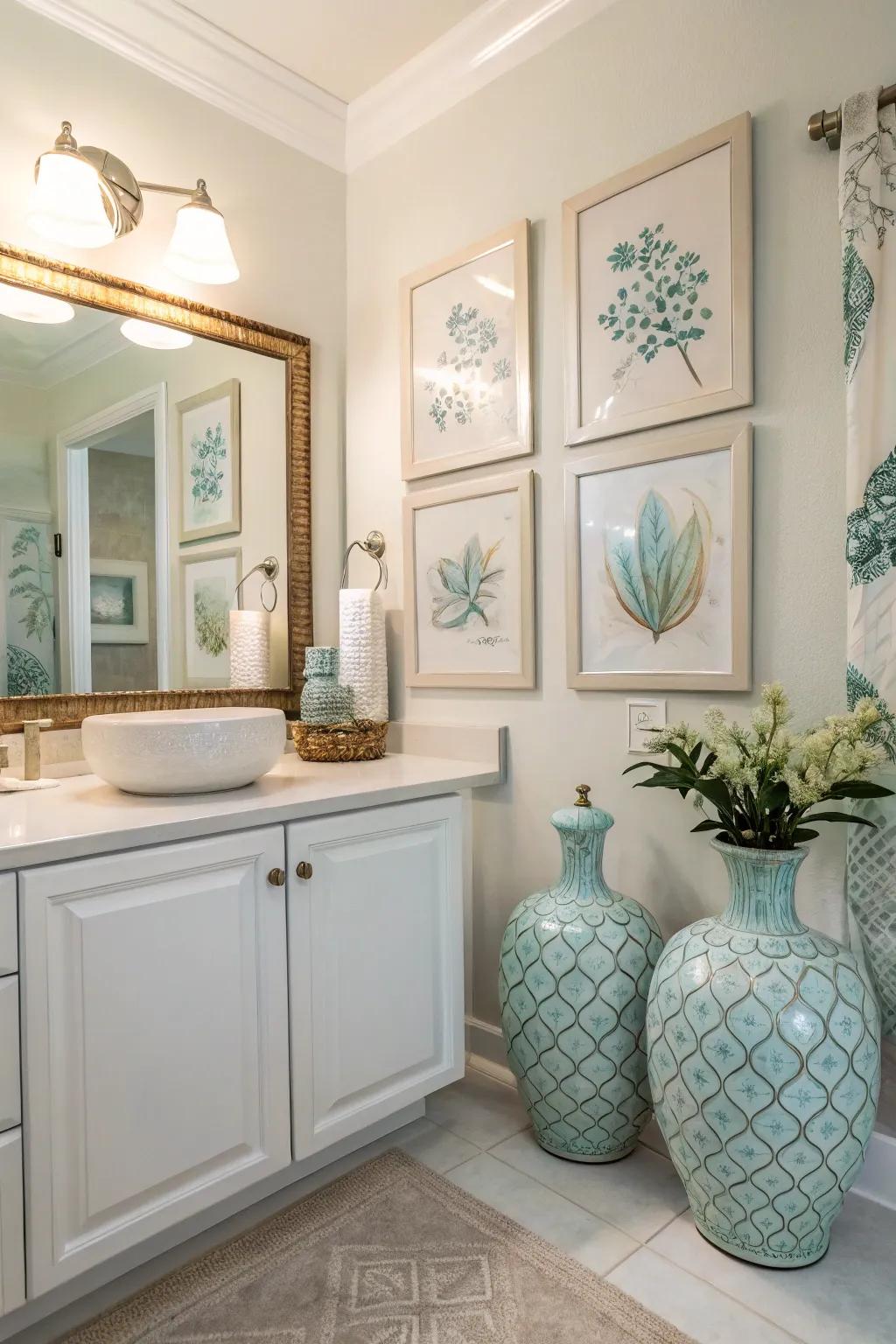 Coordinated decor elements create harmony in a light bathroom.