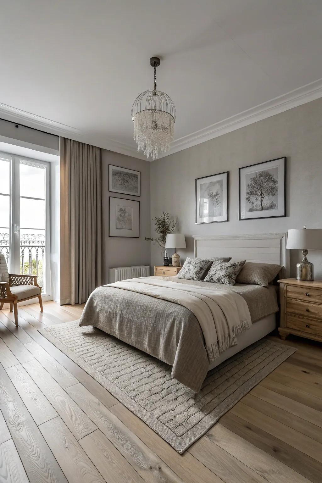 A monochromatic scheme enhancing the grace of pale timber flooring.