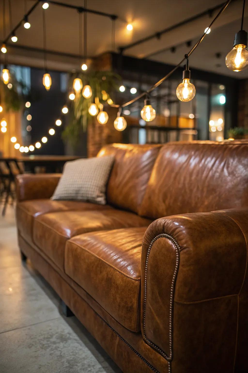 Accent lighting highlights the sofa's features.