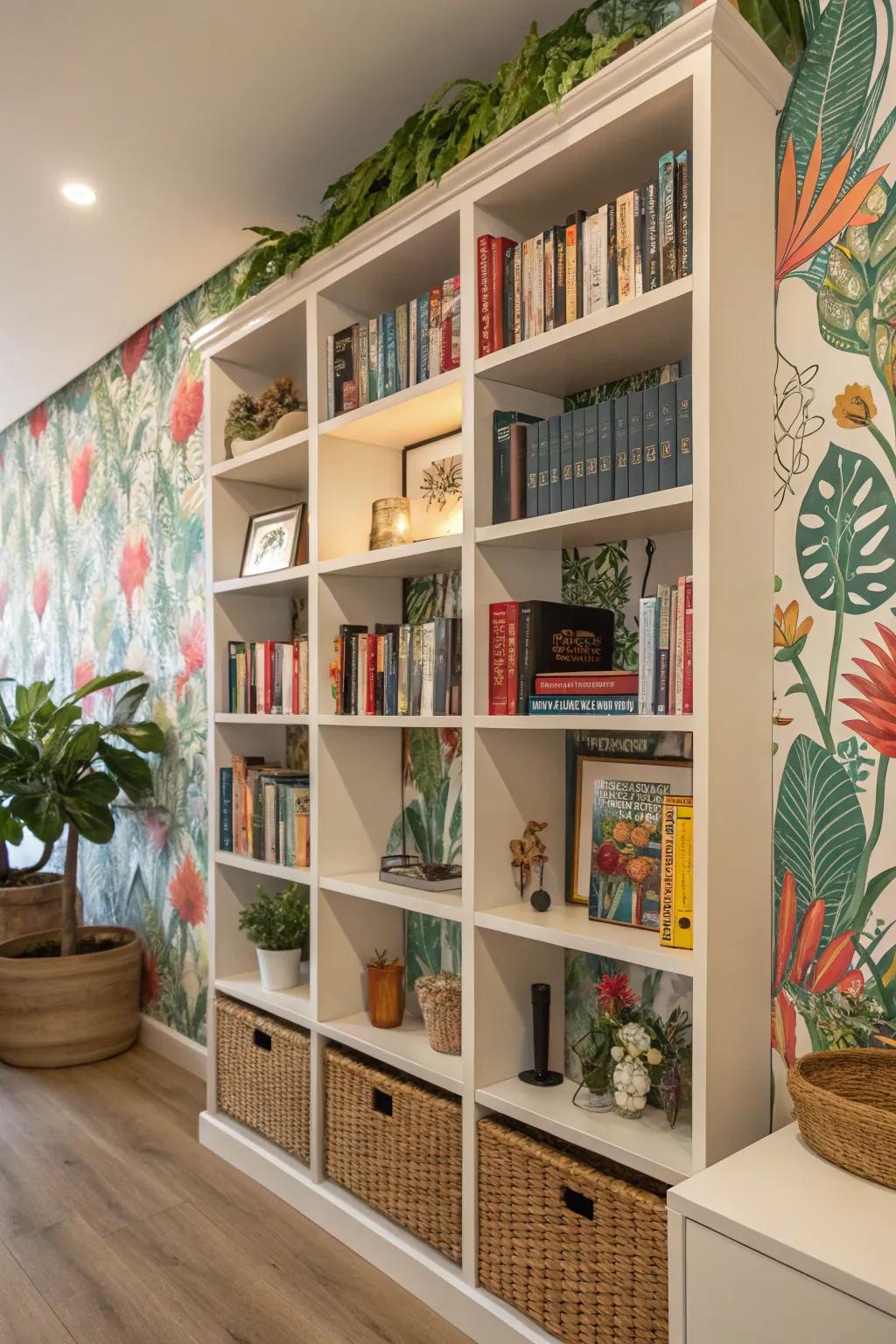 Wallpaper adds a fun pop of color and pattern to your bookshelves.