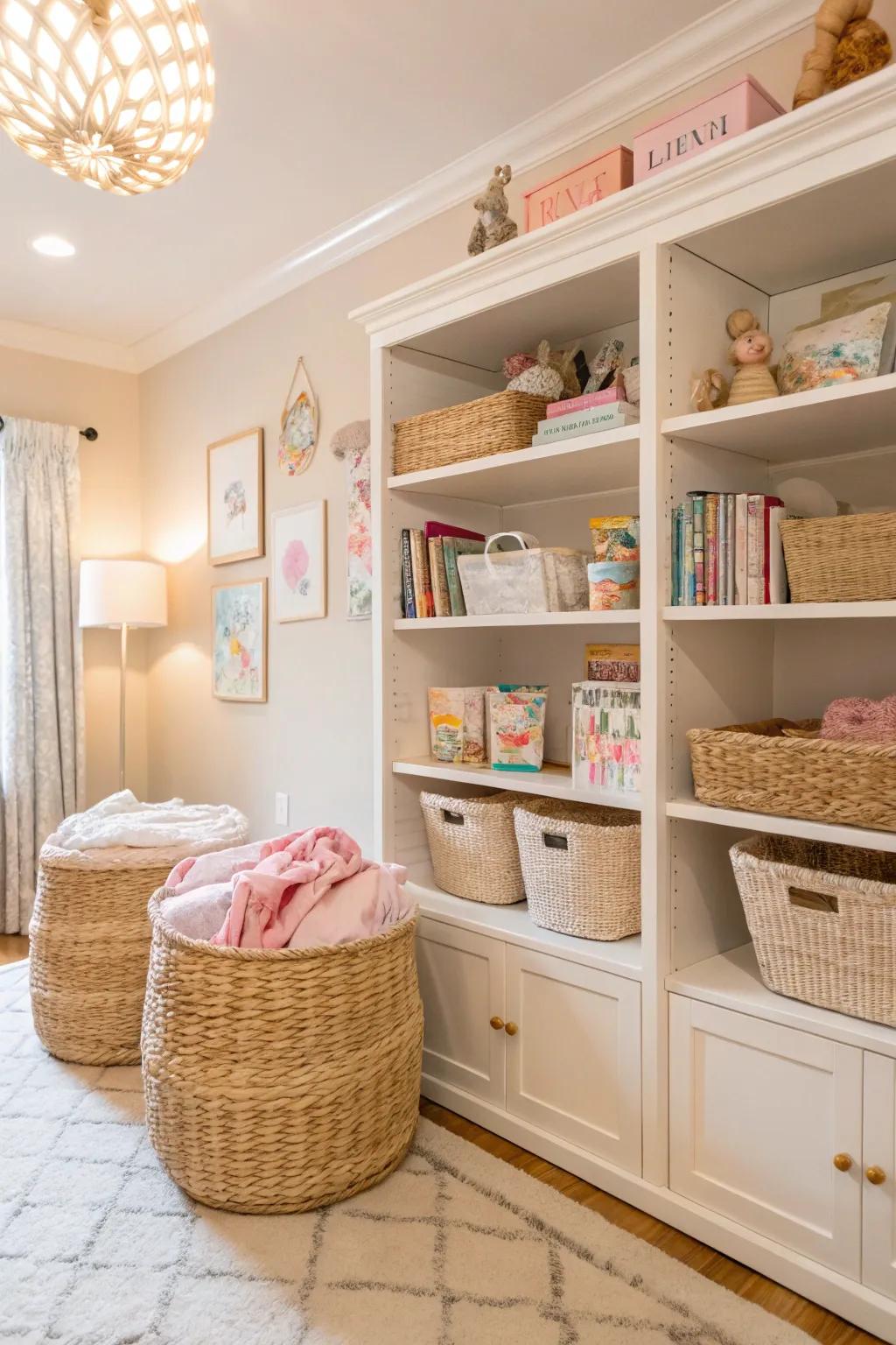 A nursery with chic storage solutions like woven baskets and elegant shelving.