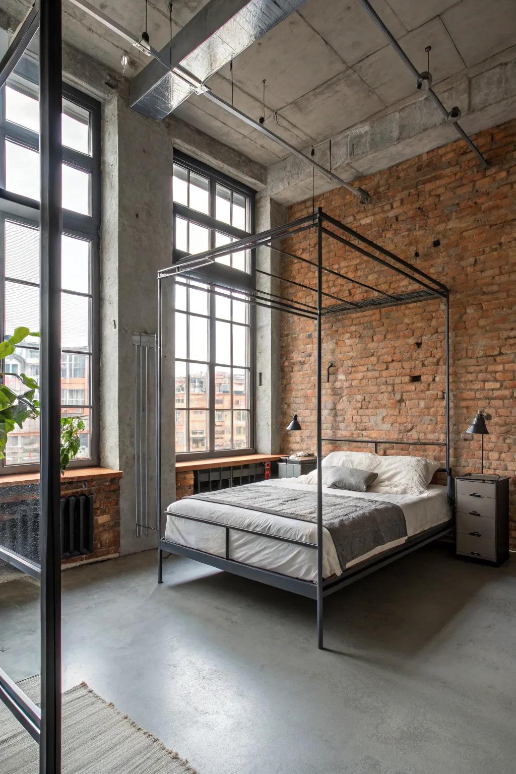 Industrial elements add grit and urban character to the bedroom.