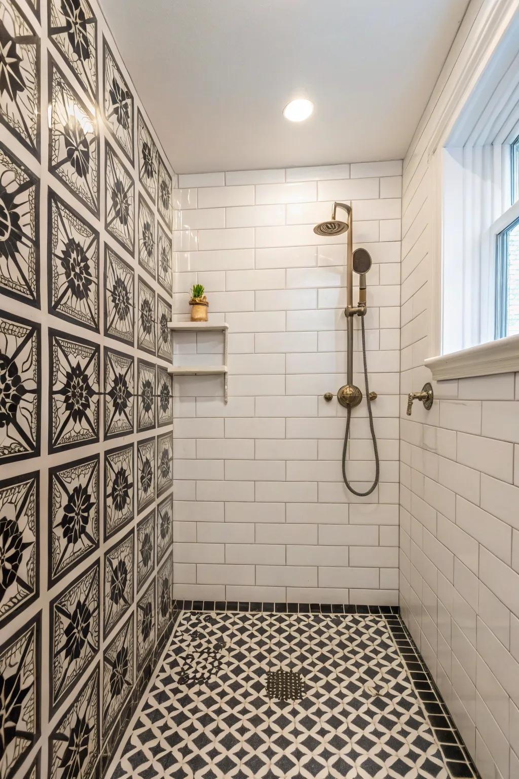 A walk-in shower showcasing creative patterned tiles.