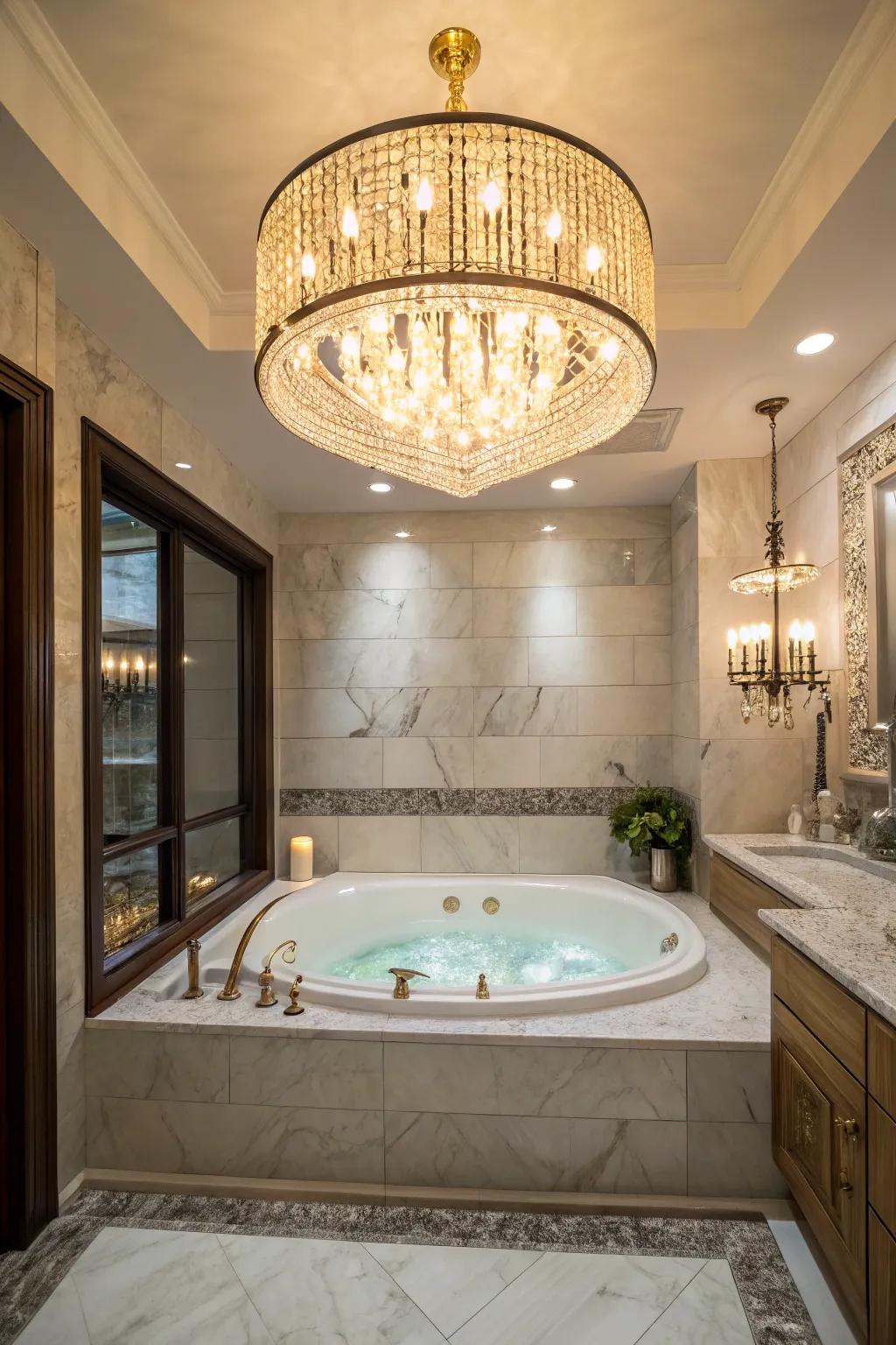 A candelier adds a touch of elegance and drama to the primary bathroom.