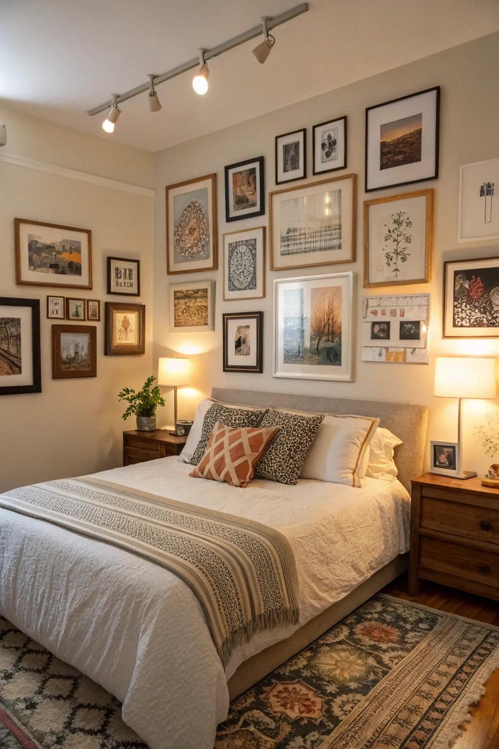 A bedroom featuring a curated gallery wall of art and photographs.