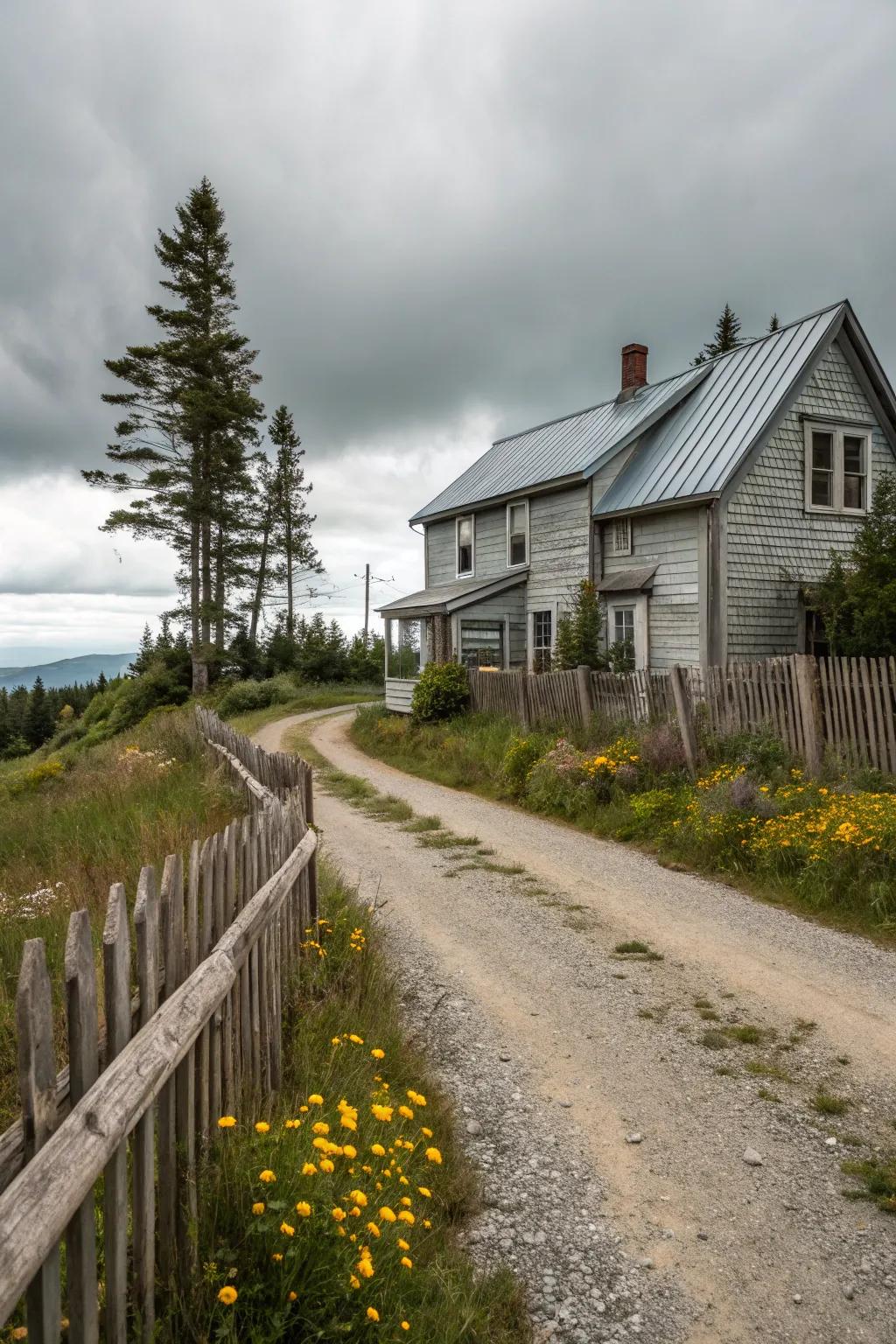 A rustic setting home showcasing distressed metal cladding for a timeless charm.