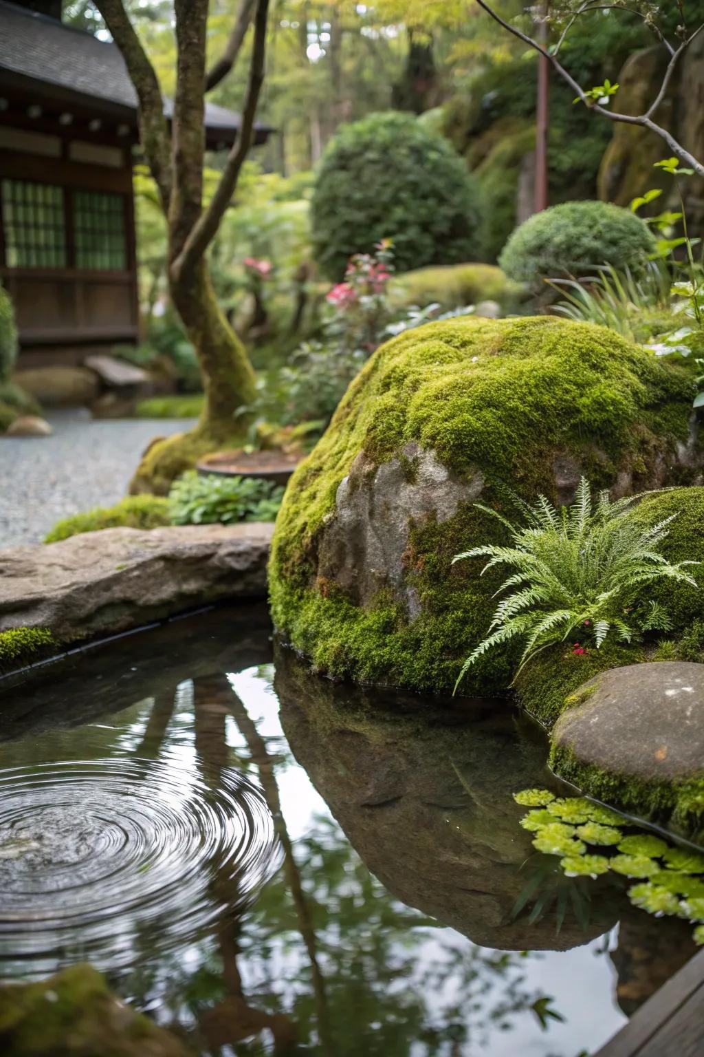 Moss-covered rocks add a timeless feel to a mini pond.