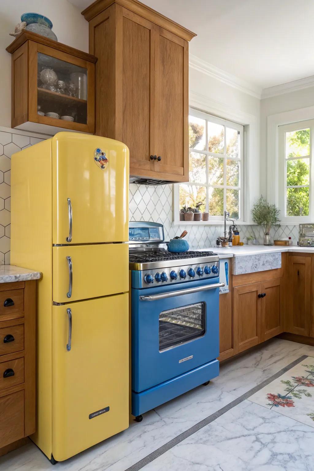 Colorful appliances add a cohesive and energetic vibe to the kitchen.