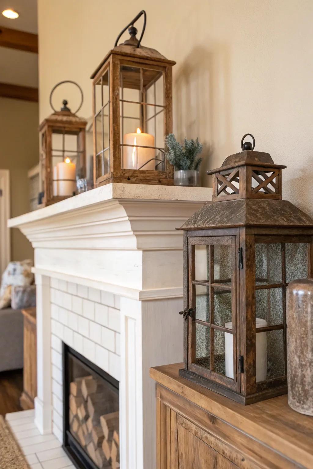 Rustic lanterns provide cozy lighting and a touch of nostalgia.