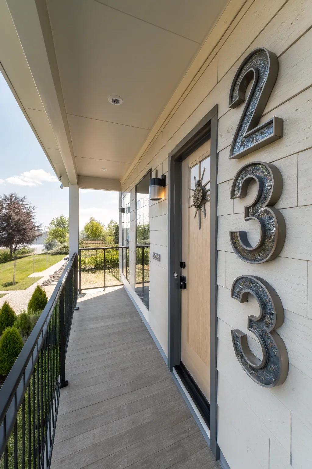 Unique house numbers add a personal touch to a contemporary porch.