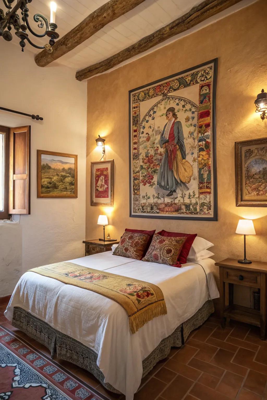Traditional Spanish artistry introduces cultural richness to a modern Spanish bedroom.